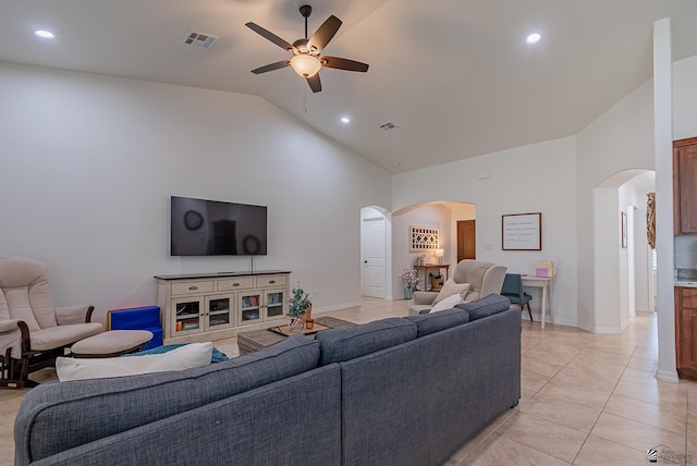 13215 S Renee Ave, Yuma, AZ 85367 - living room featuring arched walkways, a ceiling fan, and visible vents