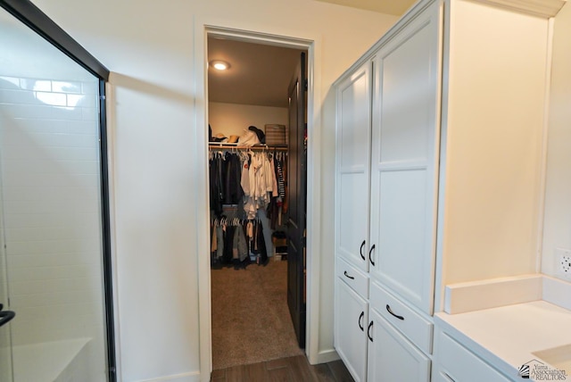 7563 E 35th Ln, Yuma, AZ 85365 - bathroom featuring wood finished floors, a shower with door, a walk in closet, and recessed lighting