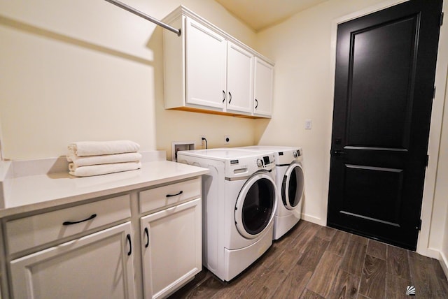 7563 E 35th Ln, Yuma, AZ 85365 - laundry room featuring cabinet space, washer and dryer, dark wood-type flooring, and baseboards
