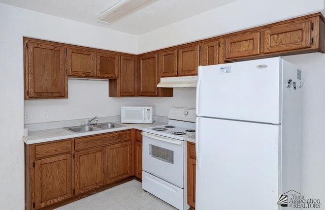 12614 E 45th Dr, Yuma, AZ 85367 - kitchen with a sink, brown cabinets, under cabinet range hood, and white appliances