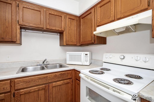 12614 E 45th Dr, Yuma, AZ 85367 - kitchen with white appliances, under cabinet range hood, a sink, and light countertops