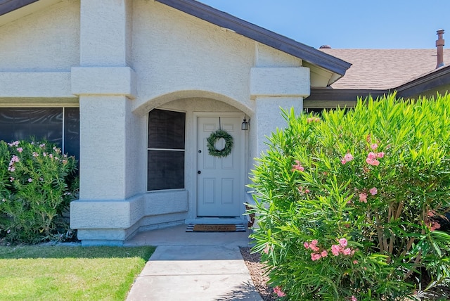 doorway to property with stucco siding