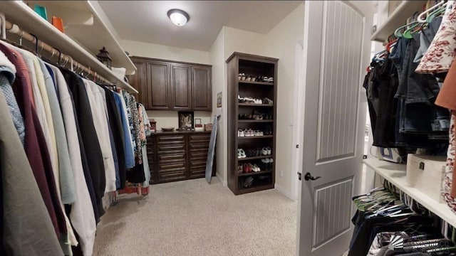 spacious closet with light colored carpet and visible vents