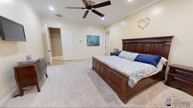 bedroom featuring crown molding, light colored carpet, recessed lighting, baseboards, and visible vents