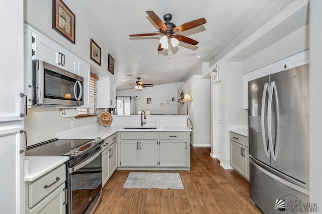 4452 S Agave Ave, Yuma, AZ 85365 - kitchen with ceiling fan, appliances with stainless steel finishes, a peninsula, light countertops, and a textured ceiling