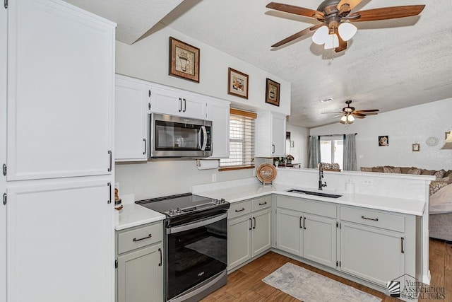 4452 S Agave Ave, Yuma, AZ 85365 - kitchen featuring a peninsula, a ceiling fan, appliances with stainless steel finishes, open floor plan, and light wood finished floors
