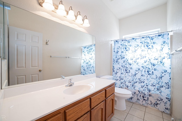 13779 E 54th Dr, Yuma, AZ 85367 - full bathroom featuring toilet, a shower with curtain, tile patterned flooring, and vanity