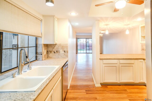 12402 E Via Estrella, Yuma, AZ 85367 - kitchen featuring a sink, dishwasher, light wood finished floors, light countertops, and ceiling fan