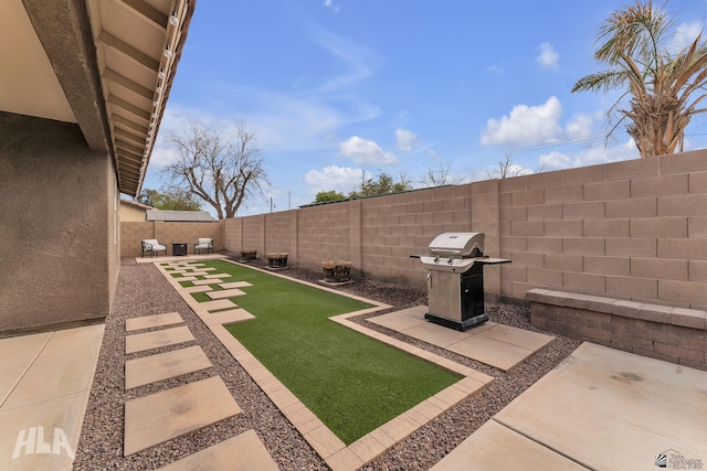 view of yard featuring a patio and a fenced backyard