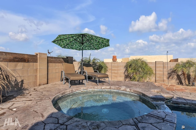 view of swimming pool with an in ground hot tub and a patio