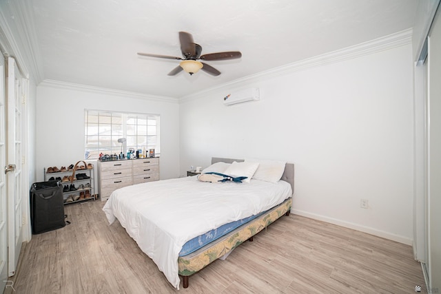 bedroom with light hardwood / wood-style floors, an AC wall unit, ceiling fan, and crown molding