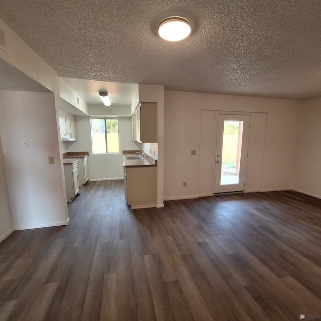 kitchen with dark hardwood / wood-style flooring, a textured ceiling, and white cabinets