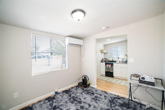 workout room with wood-type flooring, a wall unit AC, and plenty of natural light