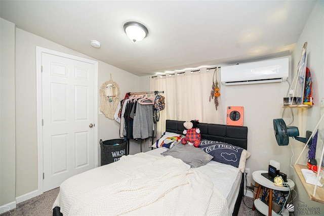 carpeted bedroom with an AC wall unit