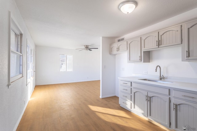 kitchen featuring sink, ceiling fan, light wood-type flooring, and gray cabinetry