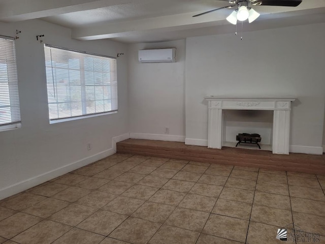 unfurnished living room featuring a wall mounted air conditioner, ceiling fan, light tile patterned flooring, and beamed ceiling