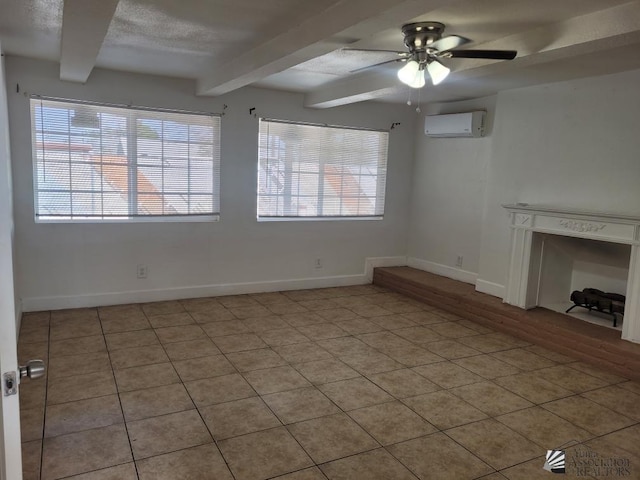 unfurnished living room with a textured ceiling, ceiling fan, an AC wall unit, beamed ceiling, and light tile patterned flooring