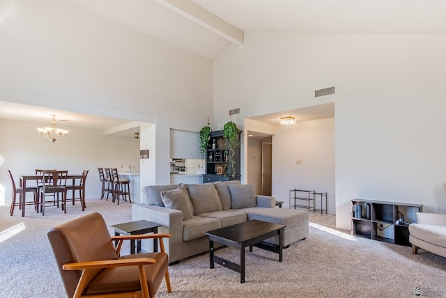 living area featuring beam ceiling, visible vents, light colored carpet, and a chandelier