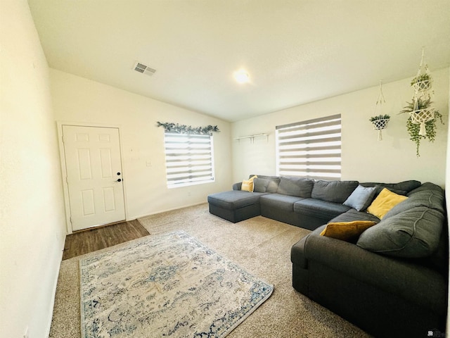 living room featuring lofted ceiling