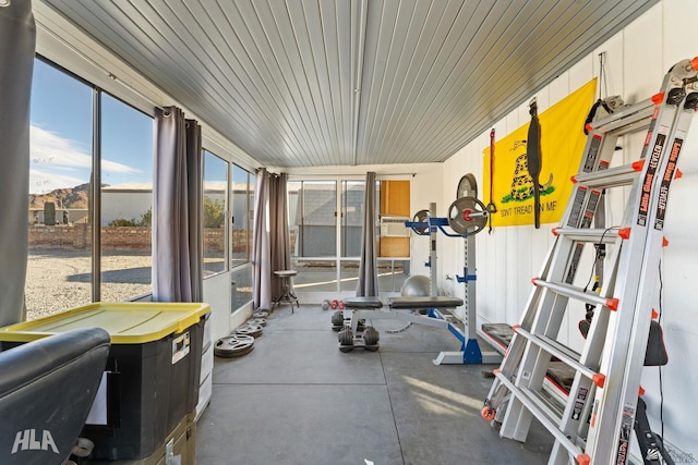 exercise room with a mountain view