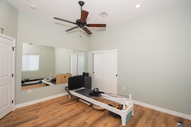 bedroom featuring hardwood / wood-style floors and ceiling fan