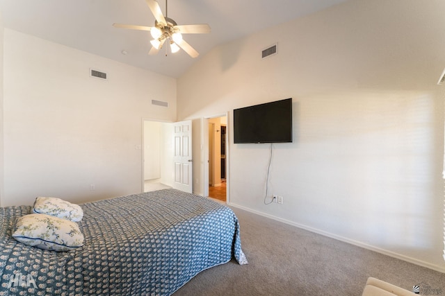 carpeted bedroom featuring ceiling fan and high vaulted ceiling