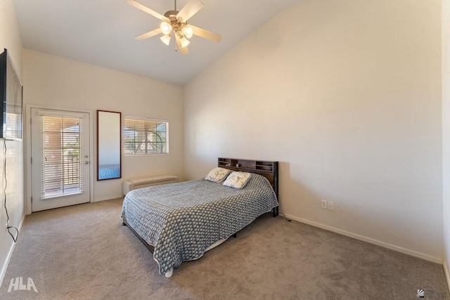 bedroom with vaulted ceiling, ceiling fan, access to exterior, and light carpet