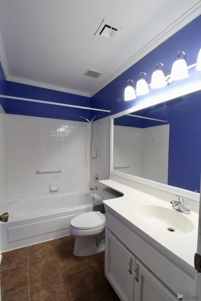 full bathroom with crown molding, vanity, toilet, and bathing tub / shower combination