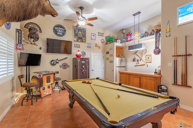 playroom featuring ceiling fan, pool table, and tile patterned flooring