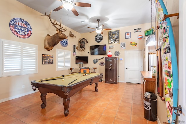 recreation room featuring ceiling fan, pool table, and light tile patterned floors