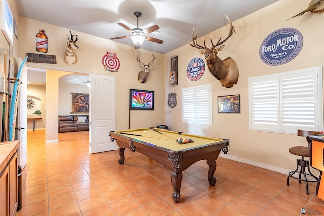 recreation room with light tile patterned floors, pool table, and ceiling fan