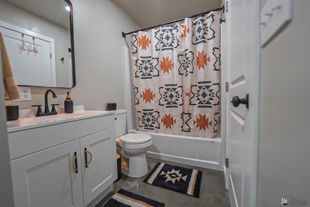 full bath featuring vanity, toilet, shower / bathtub combination with curtain, and concrete flooring