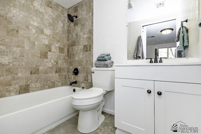 bathroom with toilet, shower / bathtub combination, vanity, and visible vents