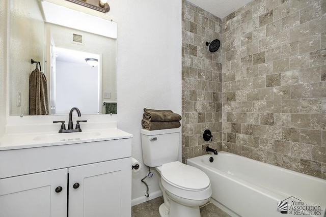 full bath featuring visible vents, toilet, vanity, shower / tub combination, and baseboards