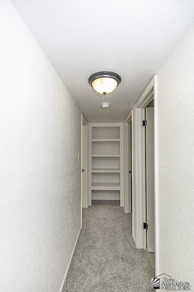 hall featuring light carpet, a textured wall, a textured ceiling, and built in features