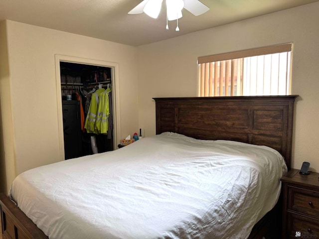 bedroom with ceiling fan and a closet