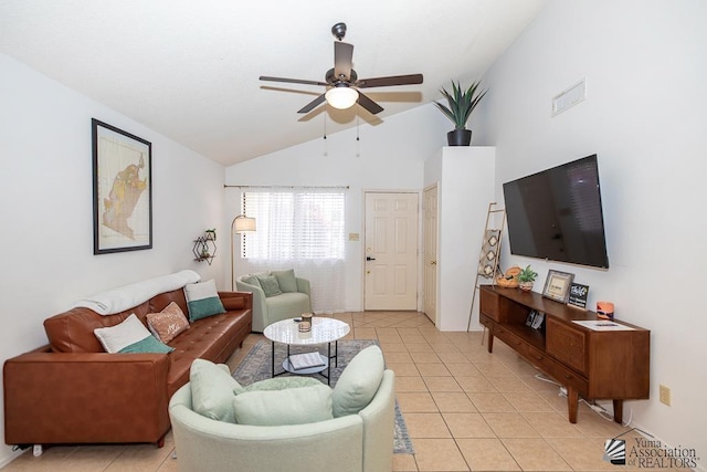 living room featuring light tile patterned floors, visible vents, lofted ceiling, and ceiling fan