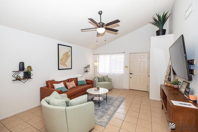 living area with light tile patterned flooring, visible vents, ceiling fan, and vaulted ceiling