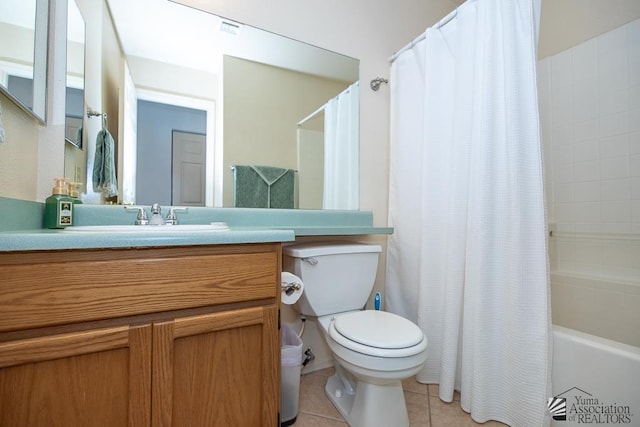 full bath with tile patterned floors, visible vents, toilet, shower / tub combo with curtain, and vanity