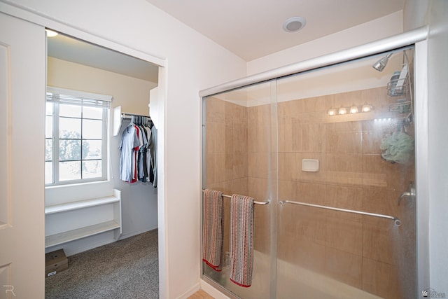 bathroom featuring a shower with door