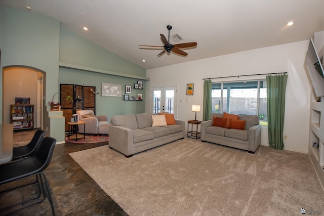 living room featuring visible vents, high vaulted ceiling, a ceiling fan, recessed lighting, and arched walkways