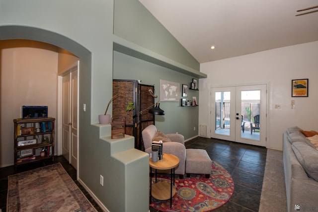 interior space with baseboards, high vaulted ceiling, recessed lighting, arched walkways, and french doors