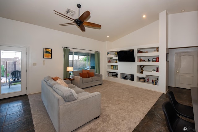 living room featuring visible vents, built in shelves, carpet, high vaulted ceiling, and a ceiling fan