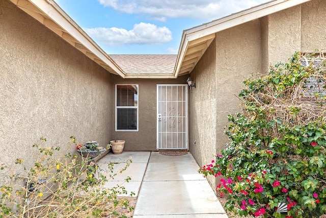 property entrance featuring a patio, a shingled roof, and stucco siding