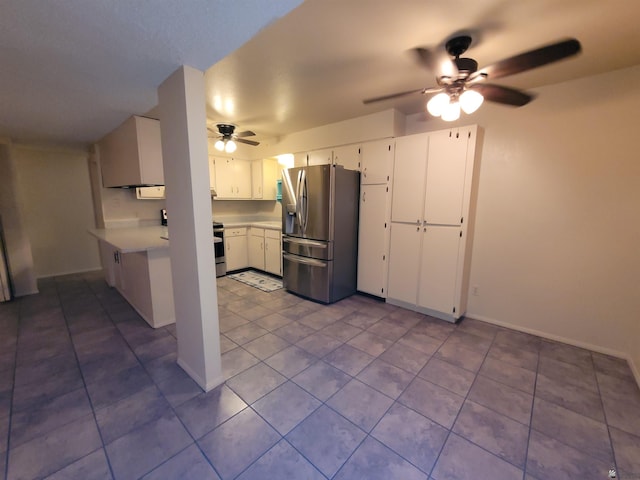 kitchen with white cabinets, ceiling fan, stainless steel fridge, and light tile patterned floors