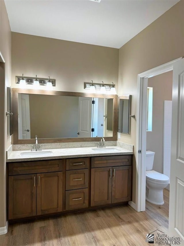 bathroom with wood-type flooring, vanity, and toilet