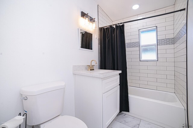 full bathroom with toilet, vanity, and shower / tub combo with curtain