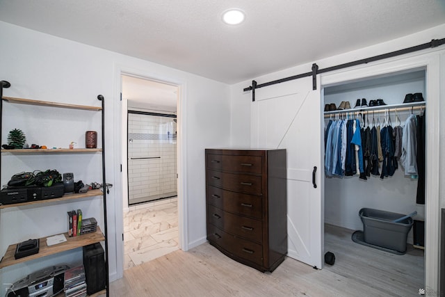 walk in closet with a barn door and light wood-type flooring