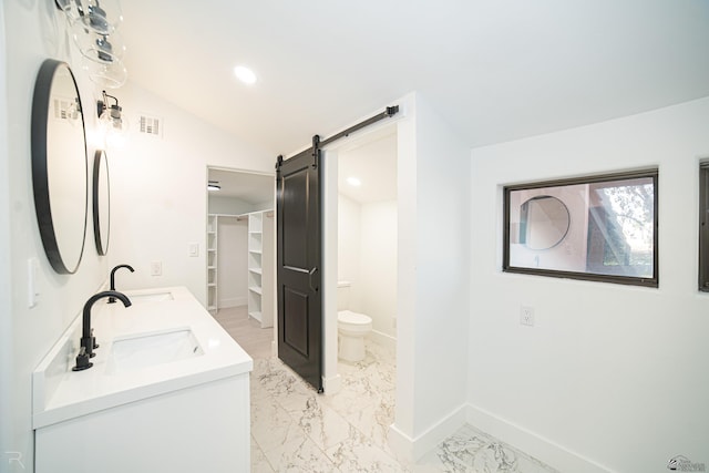 bathroom featuring vanity, lofted ceiling, and toilet