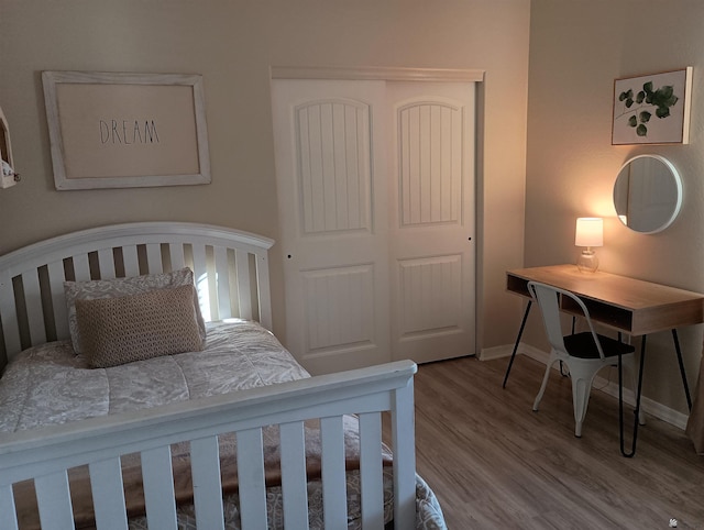 bedroom featuring wood-type flooring and a closet